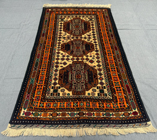 Handmade Tribal Rug - Bold Geometric Wool Carpet for Bohemian Decor,Authentic Turkish Rug - Handmade Wool Area Carpet with Tribal Motifs.