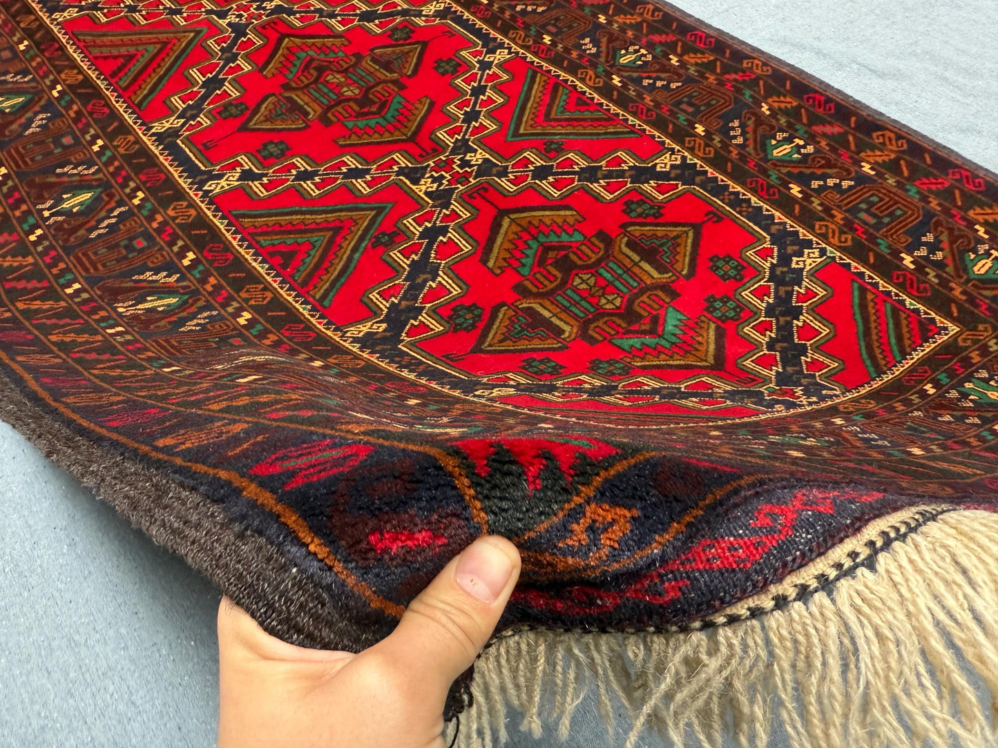 Handmade Turkish Rug-Bold Red Geometric Wool Carpet with Tribal Patterns,Traditional Handwoven Turkish Rug-Vibrant Red and Black Wool Carpet