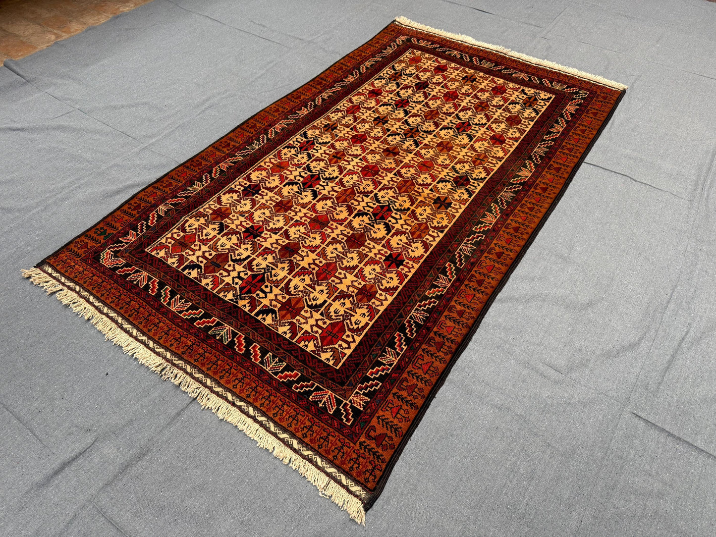 Handmade Turkish Rug-Beige and Red Geometric Wool Carpet with Tribal Patterns,Traditional Turkish Wool Rug-Area Rug with Unique Tribal Motif