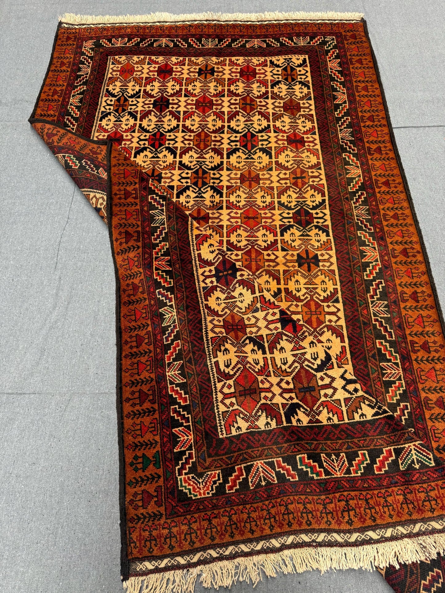 Handmade Turkish Rug-Beige and Red Geometric Wool Carpet with Tribal Patterns,Traditional Turkish Wool Rug-Area Rug with Unique Tribal Motif