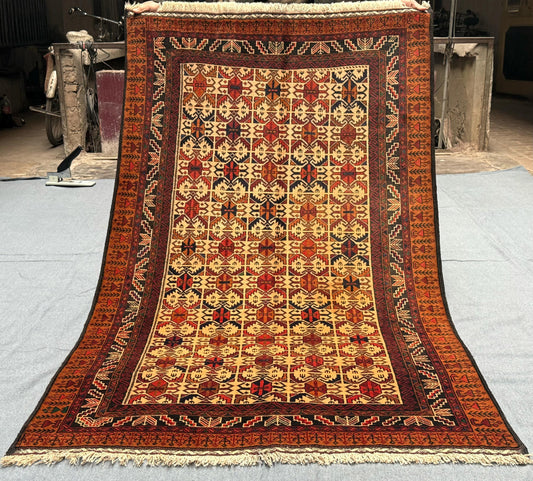 Handmade Turkish Rug-Beige and Red Geometric Wool Carpet with Tribal Patterns,Traditional Turkish Wool Rug-Area Rug with Unique Tribal Motif