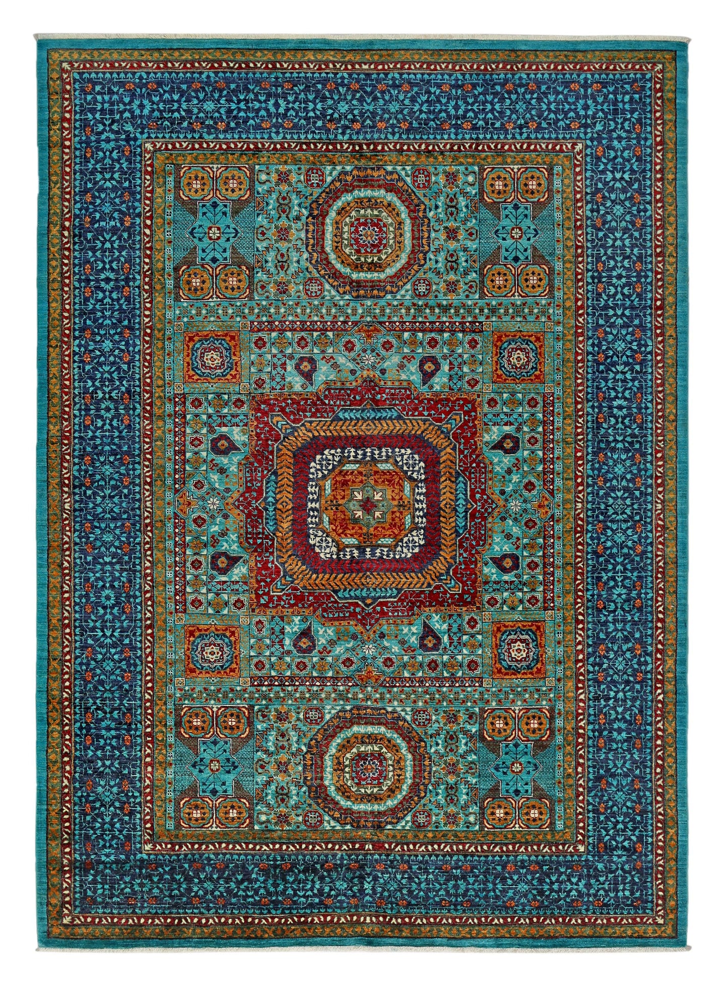 7x10 Blue Turquoise Mamluk Rug,7x10 Blue Turquoise Wool Carpet for Modern and Bohemian Decor,Large Mamluk Handmade Rug,Luxury Area Rug.