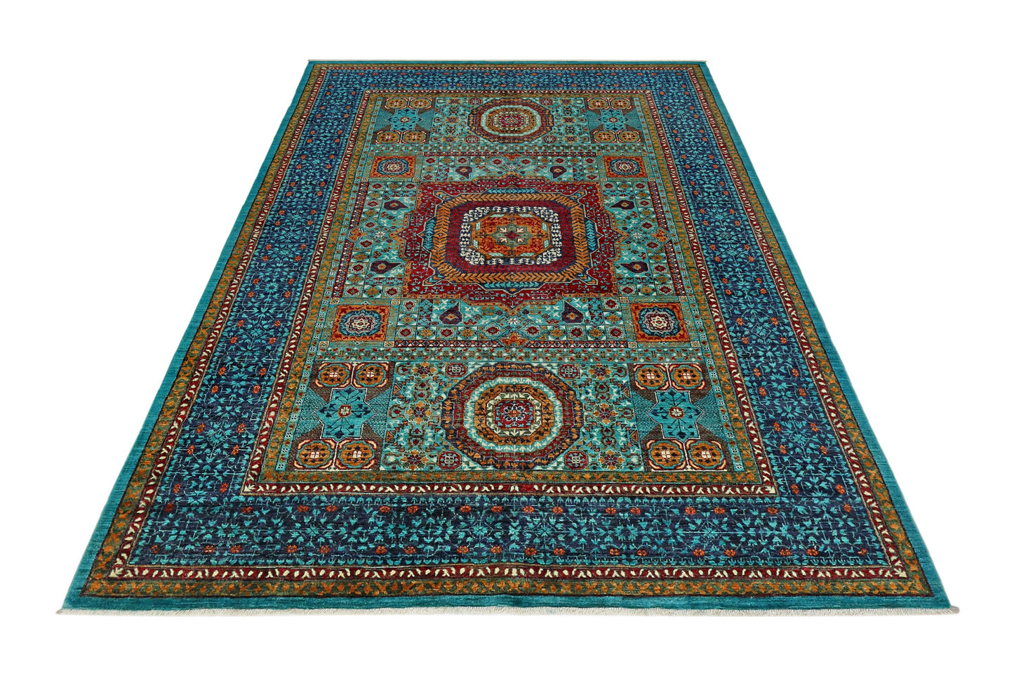 7x10 Blue Turquoise Mamluk Rug,7x10 Blue Turquoise Wool Carpet for Modern and Bohemian Decor,Large Mamluk Handmade Rug,Luxury Area Rug.