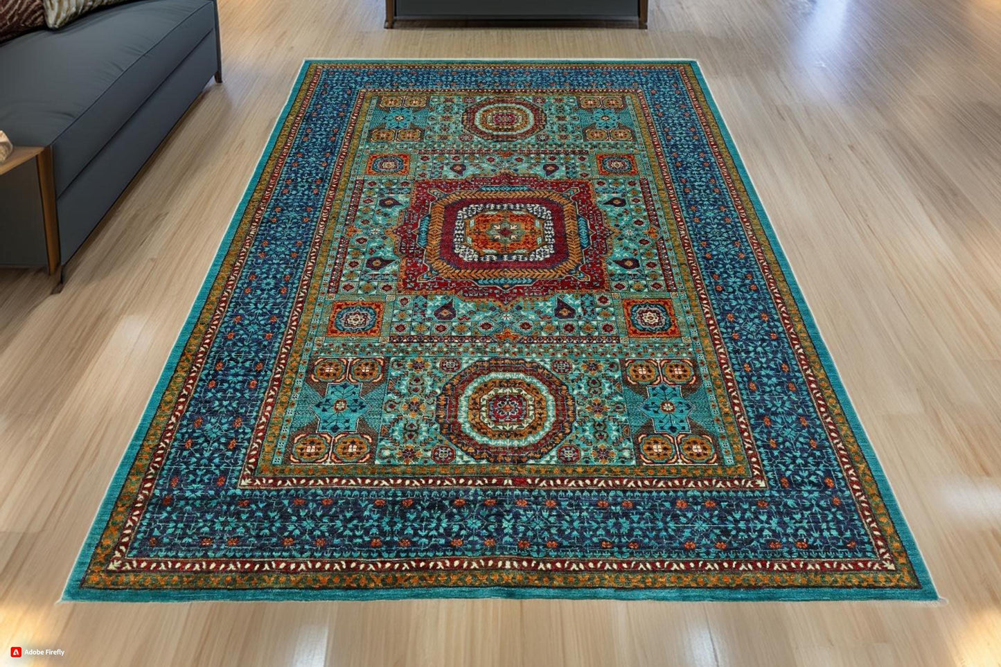 7x10 Blue Turquoise Mamluk Rug,7x10 Blue Turquoise Wool Carpet for Modern and Bohemian Decor,Large Mamluk Handmade Rug,Luxury Area Rug.