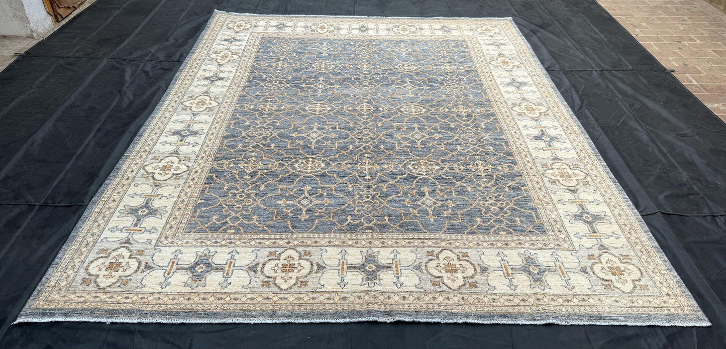 Handmade Turkish Rug - Elegant Blue and Ivory Wool Carpet with Geometric Design,Large Oriental living room rug,Pastel Blue Beige Bedroom rug