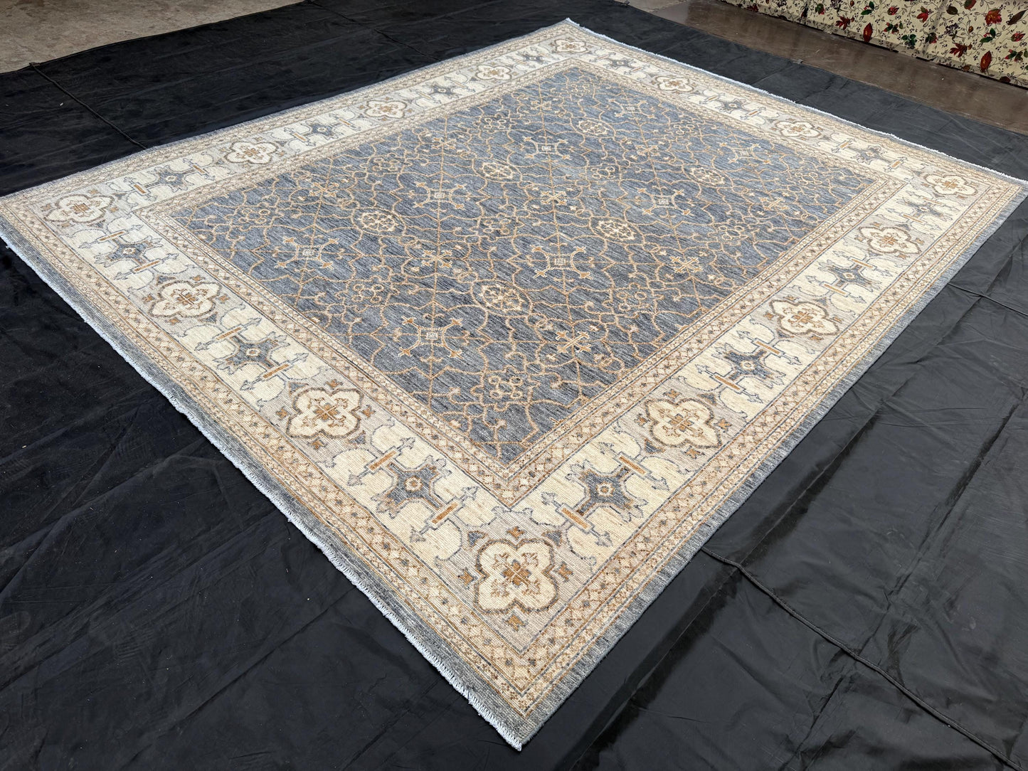 Handmade Turkish Rug - Elegant Blue and Ivory Wool Carpet with Geometric Design,Large Oriental living room rug,Pastel Blue Beige Bedroom rug