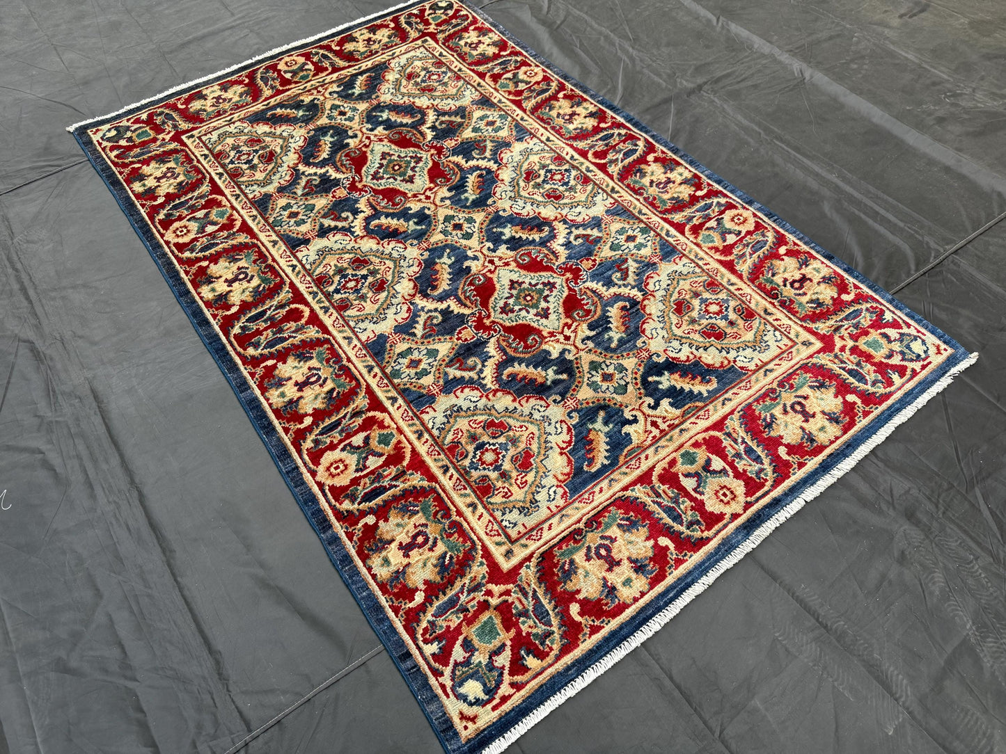 Handmade Persian-Style Rug - Red and Blue Wool Carpet with Intricate Floral Design,Handmade Wool Carpet with Rich Red and Blue Tones.4x6 Rug