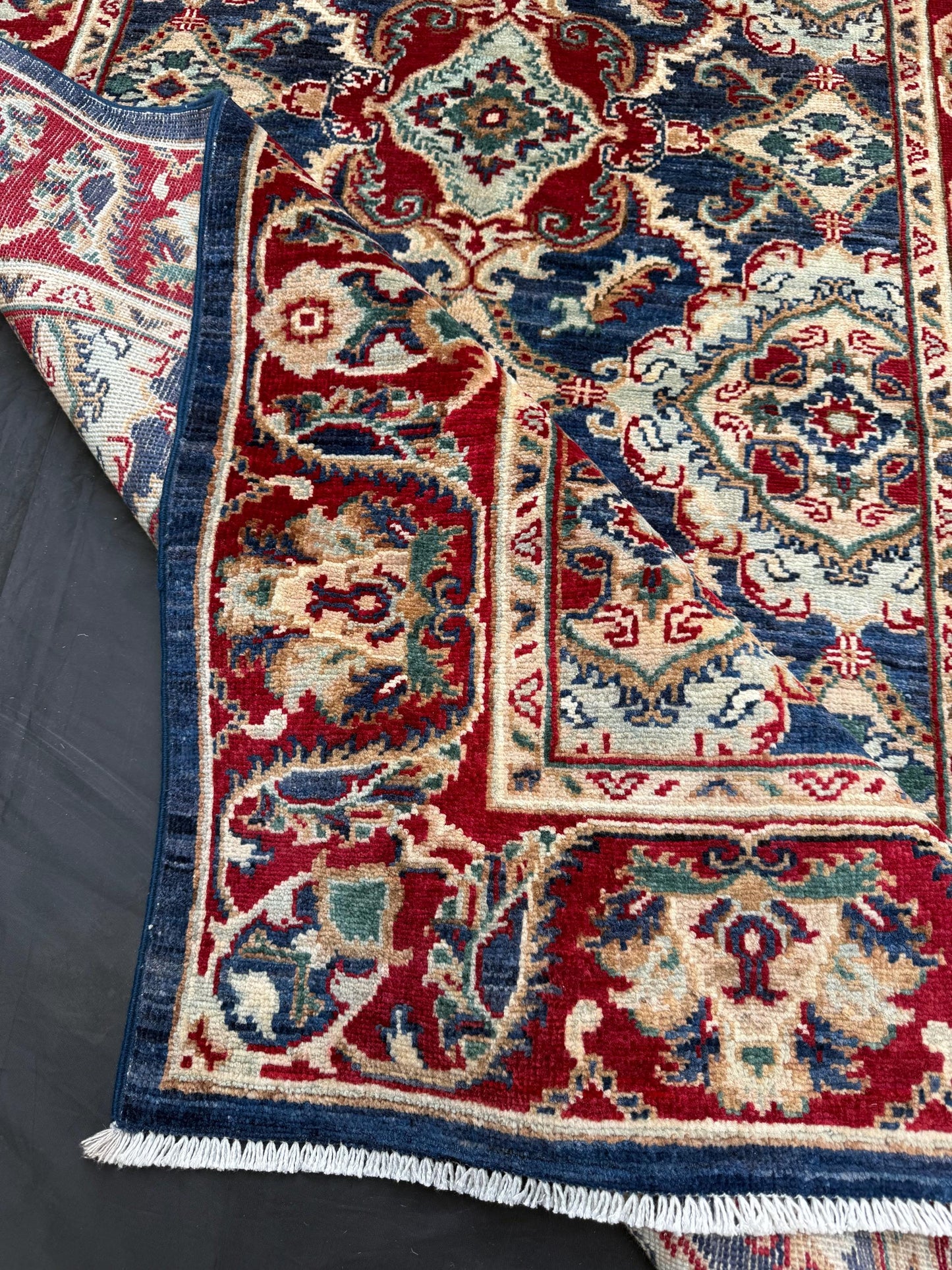 Handmade Persian-Style Rug - Red and Blue Wool Carpet with Intricate Floral Design,Handmade Wool Carpet with Rich Red and Blue Tones.4x6 Rug