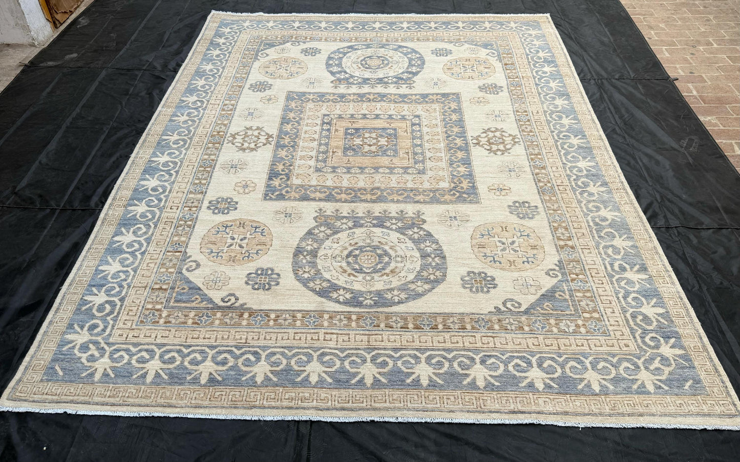 9x12 Turkish Blue Oushak Rug,Modern Handmade Blue and Cream Oushak Rug,Pastel Blue Oriental Rug,Neutral Toned Persian 9x12 living room rug