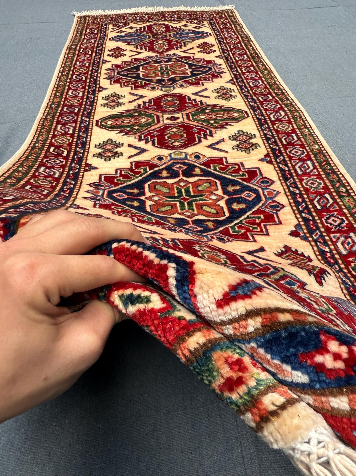 Turkish-Kazakh Handmade Beige Runner Rug-Tribal Wool runner for Hallways and Entryways,Bohemian Handmade Runner,Persian-Style Runner Rug.