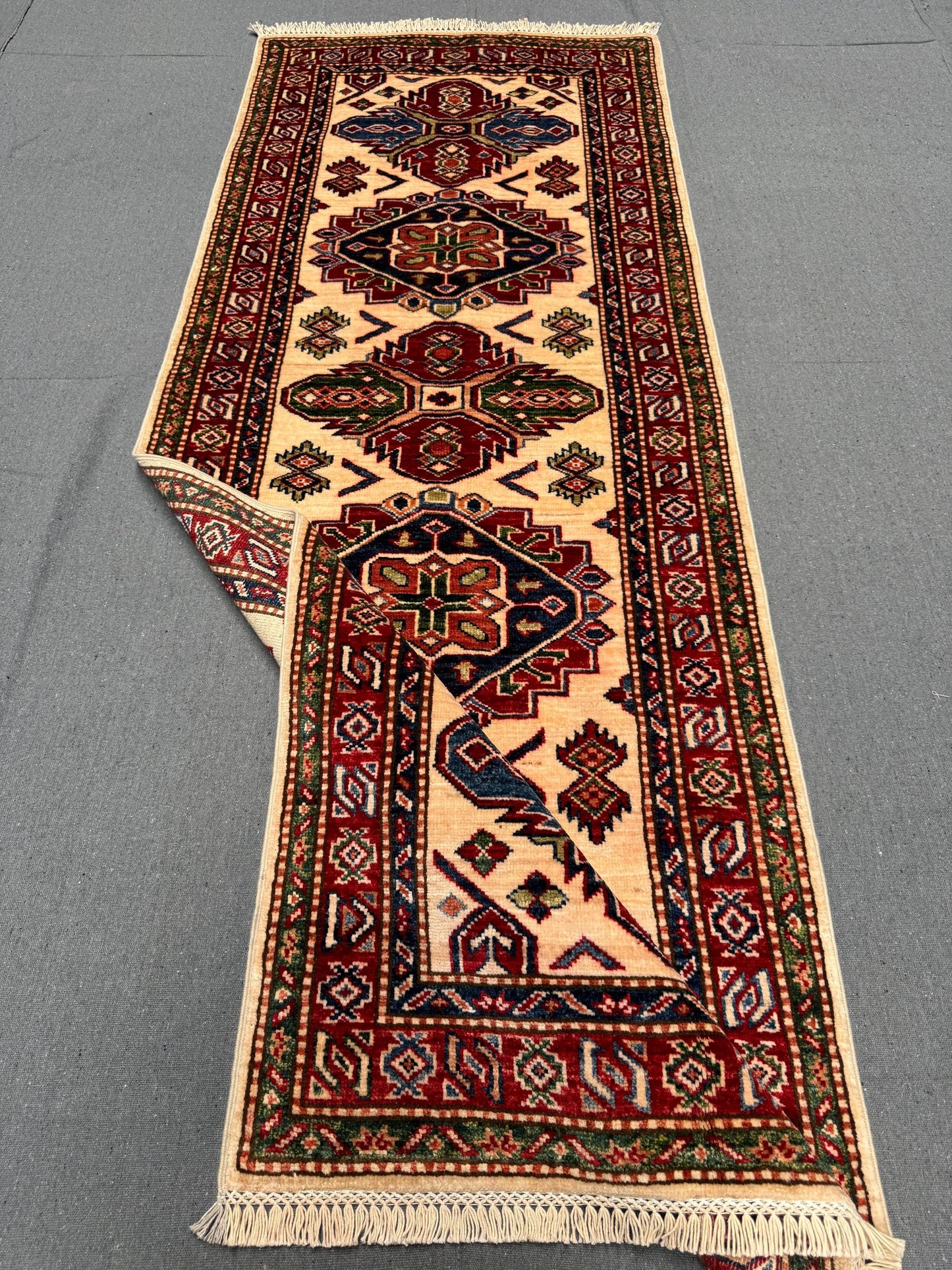 Turkish-Kazakh Handmade Beige Runner Rug-Tribal Wool runner for Hallways and Entryways,Bohemian Handmade Runner,Persian-Style Runner Rug.