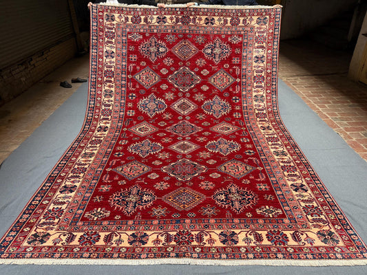 Handmade 8x11 Red Oriental Rug,Turkish-Kazakh Red living room rug,8x11 Handmade Red Persian-Style Rug-Perfect for Living Room or Bedroom