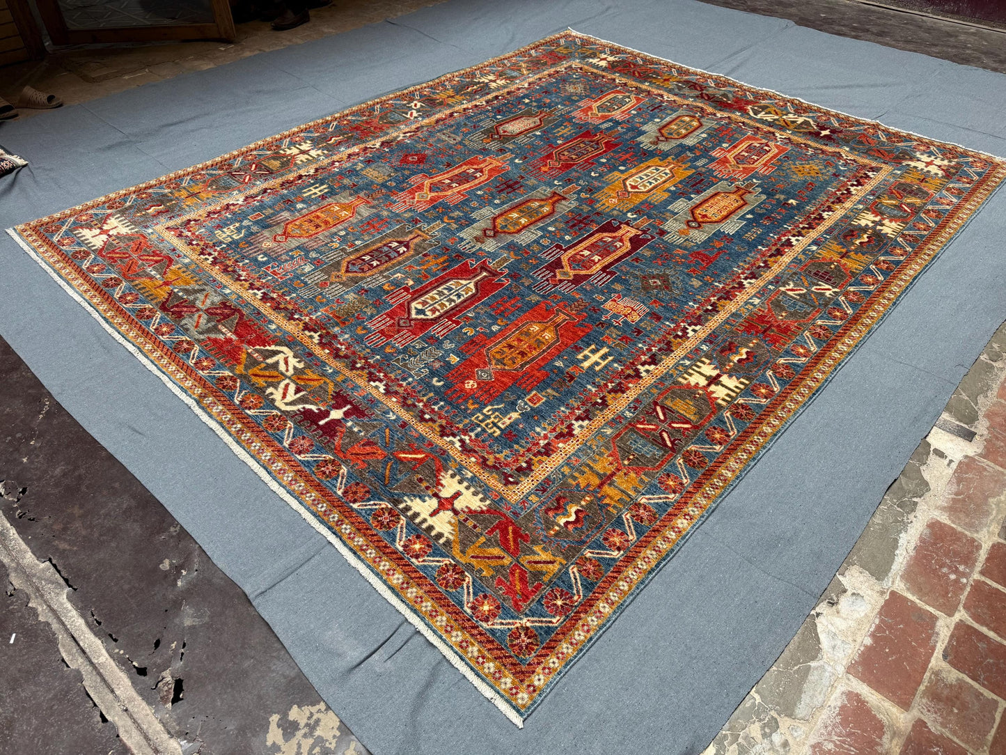 Large Handmade Blue Waziri Rug,Handmade Blue and Red Tribal Rug,Colorful Tribal Handmade Rug,One-of-a-Kind Handmade Rug,Turkish Oriental rug