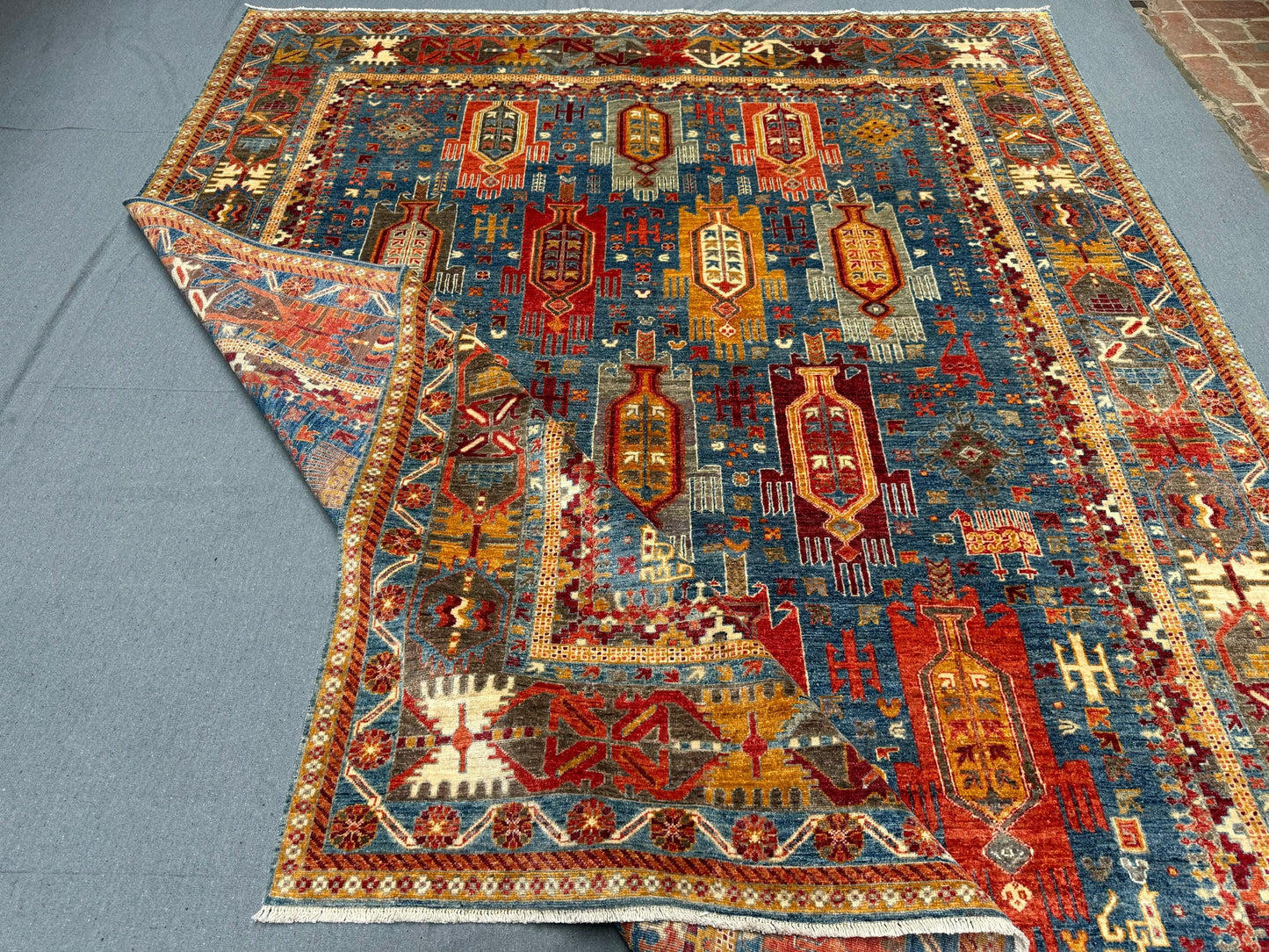 Large Handmade Blue Waziri Rug,Handmade Blue and Red Tribal Rug,Colorful Tribal Handmade Rug,One-of-a-Kind Handmade Rug,Turkish Oriental rug