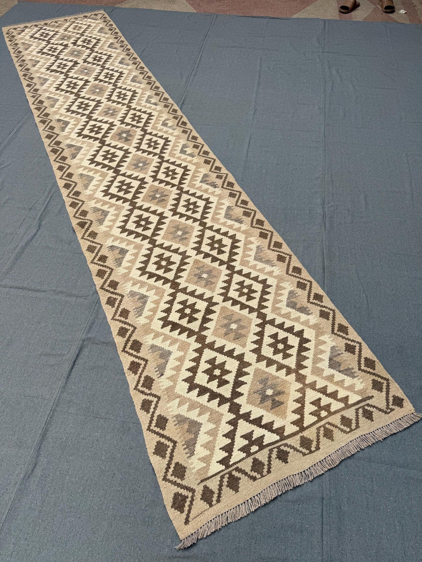 Handmade Kilim Runner Rug-Geometric Beige and Brown Wool Flatweave Carpet,Rustic Kilim Runner Rug-Handmade Wool Flatweave Carpet for Hallway