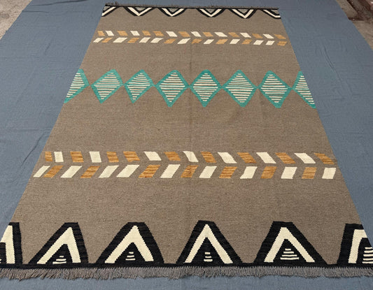 6x9 Handmade Kilim Rug - Geometric Wool Flatweave in Earthy Brown and Turquoise Tones,Turkish Kilim Rug-  with Neutral and Vibrant Accents.