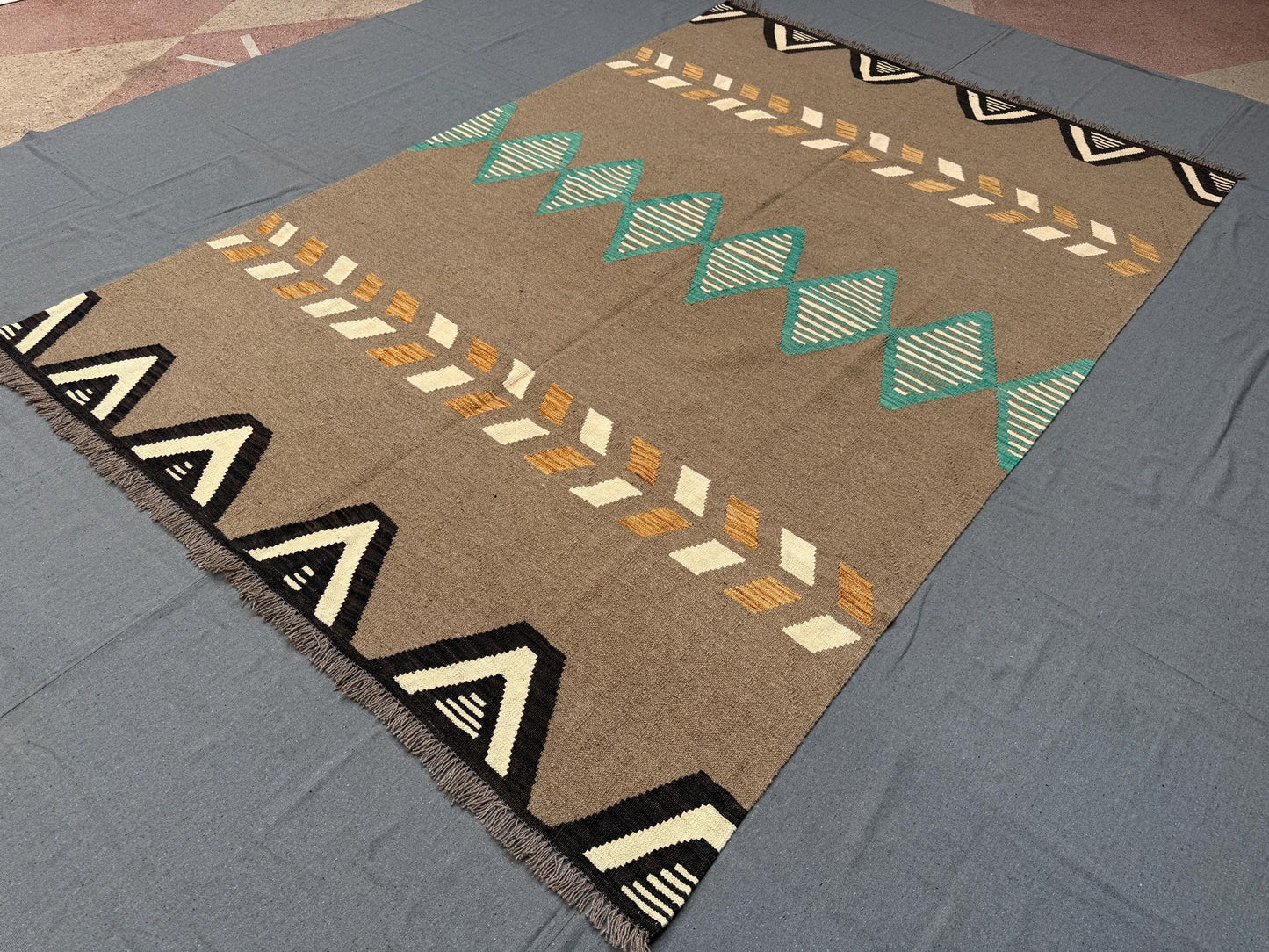 6x9 Handmade Kilim Rug - Geometric Wool Flatweave in Earthy Brown and Turquoise Tones,Turkish Kilim Rug-  with Neutral and Vibrant Accents.