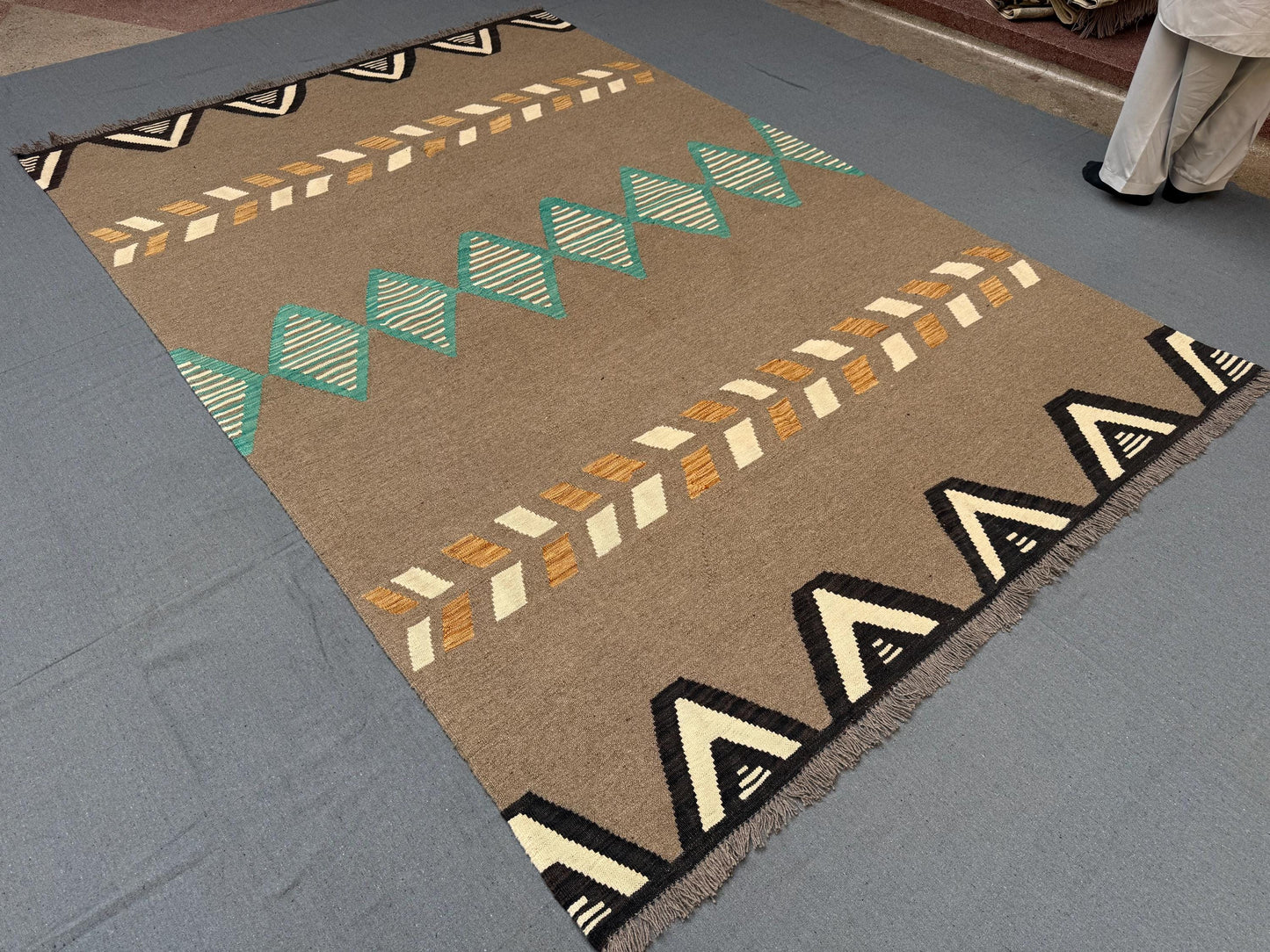 6x9 Handmade Kilim Rug - Geometric Wool Flatweave in Earthy Brown and Turquoise Tones,Turkish Kilim Rug-  with Neutral and Vibrant Accents.