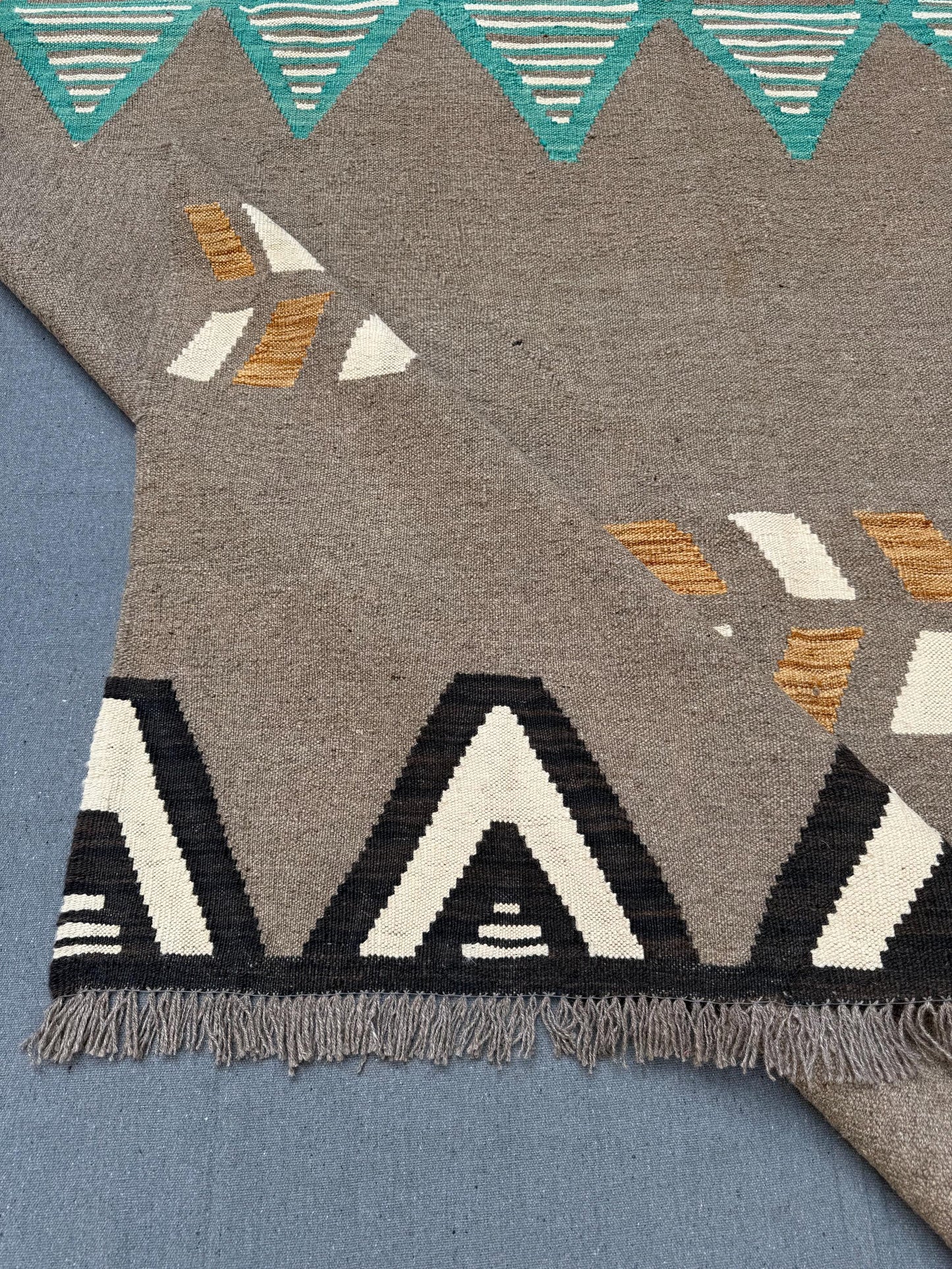 6x9 Handmade Kilim Rug - Geometric Wool Flatweave in Earthy Brown and Turquoise Tones,Turkish Kilim Rug-  with Neutral and Vibrant Accents.