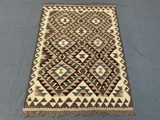 Reversible Handmade Kilim Rug - Geometric Wool Flatweave in Neutral Earthy Tones,Traditional Turkish Kilim Rug,Small Area Kilim Rug.