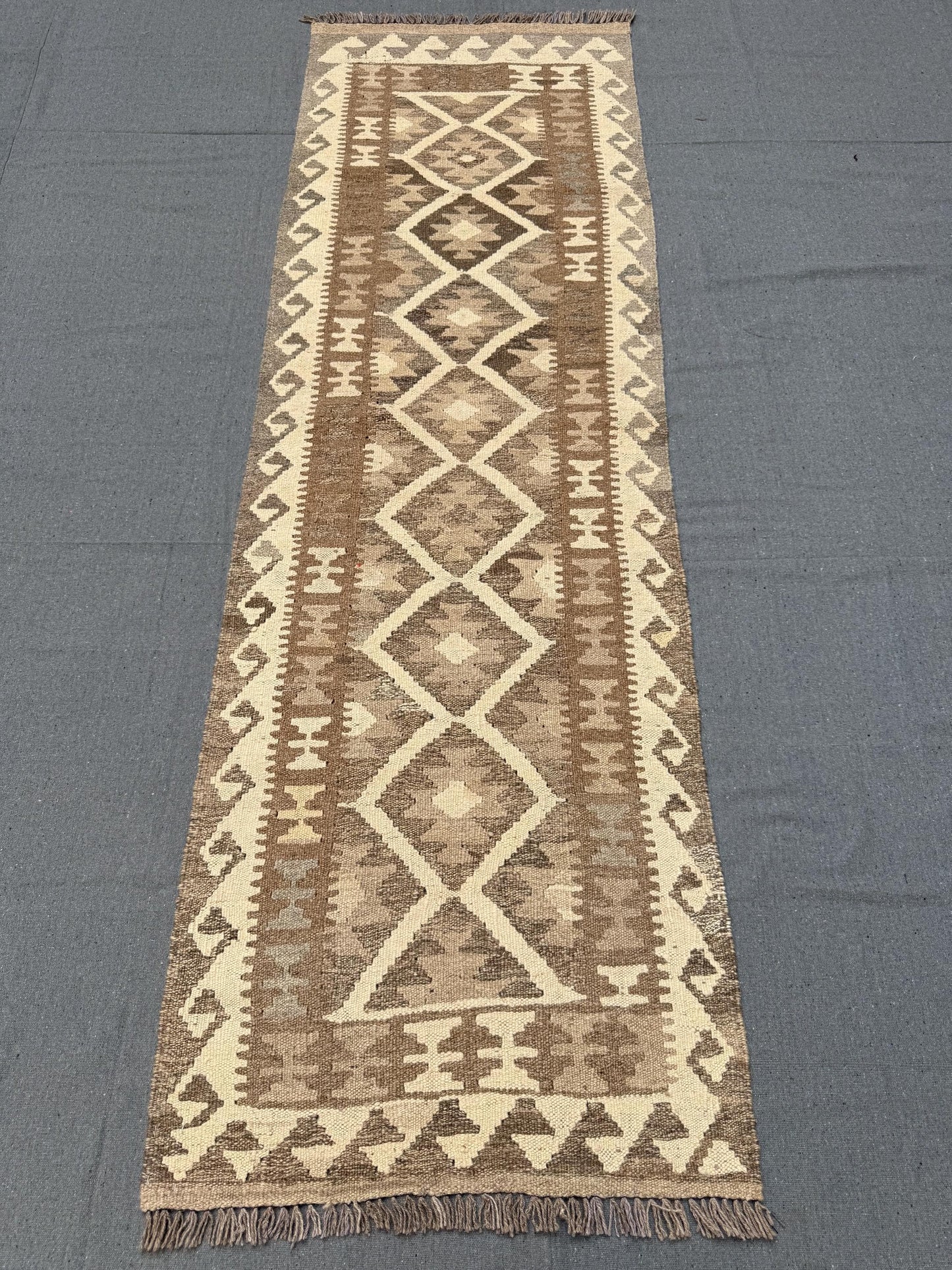 Flatweave reversible Kilim Runner Rug,Beige and Brown Wool Flatweave Carpet for Narrow Spaces,7 ft Kilim Runner Rug,7 ft runner kilim.