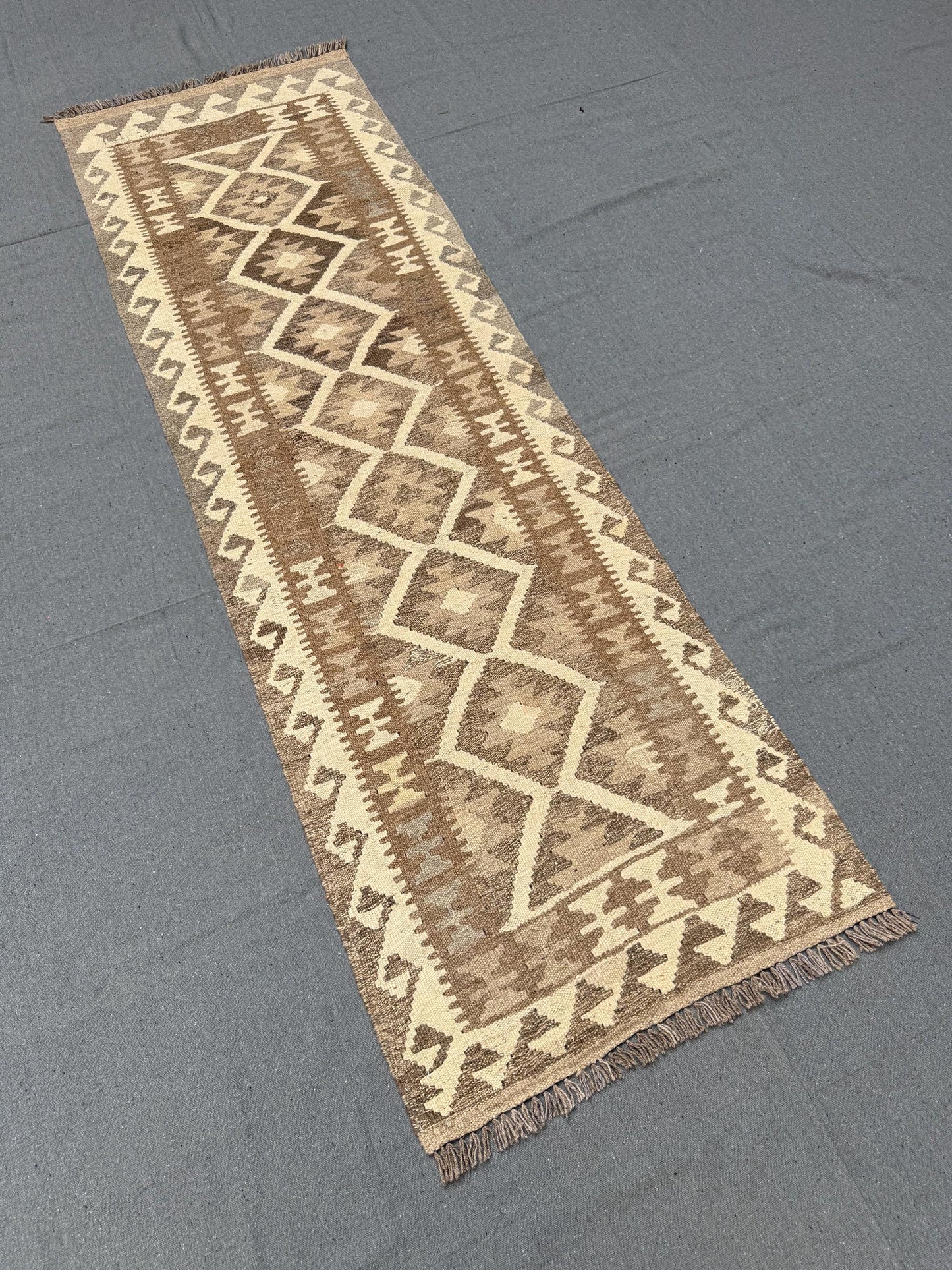 Flatweave reversible Kilim Runner Rug,Beige and Brown Wool Flatweave Carpet for Narrow Spaces,7 ft Kilim Runner Rug,7 ft runner kilim.