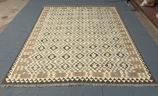 8x10 Handmade Kilim Rug-Geometric Wool Flatweave Beige and Brown,Turkish Kilim Rug with Neutral and Vibrant Accents.8x10 Kilim Rug