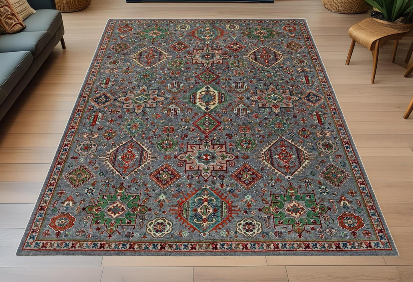 8x10 Gray Blue Turkish Handmade Rug,Bohemian Turkish Rug-Unique Blue and Multicolor Handwoven Carpet,One-of-a-Kind Turkish Rug.