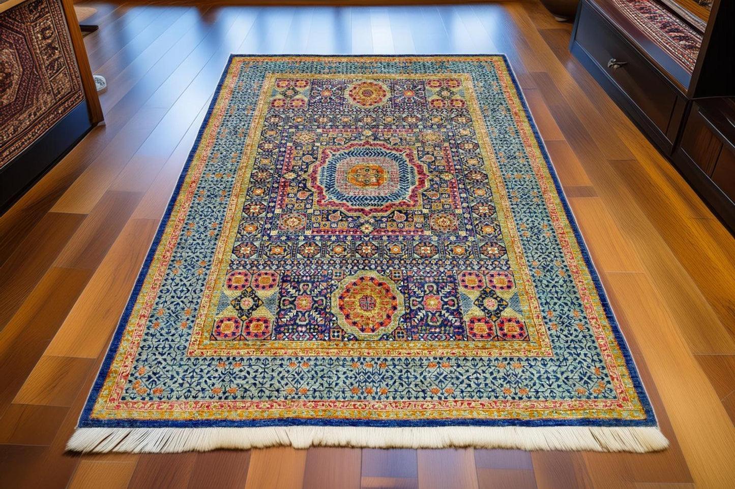 Luxury 5x8 Handmade Mamluk Rug–Vibrant Design for Living Rooms,Handmade 5x8 Living room rug– Traditional Blue and Navy,Gold Oriental Carpet.