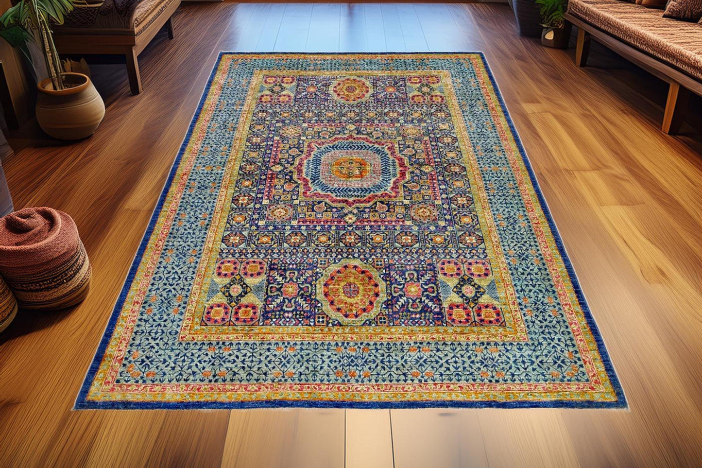 Luxury 5x8 Handmade Mamluk Rug–Vibrant Design for Living Rooms,Handmade 5x8 Living room rug– Traditional Blue and Navy,Gold Oriental Carpet.