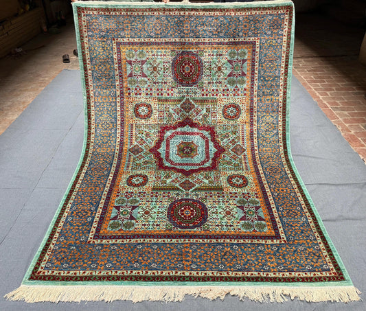 Handmade Mamluk Green,Turquoise,Red Oriental Rug,Luxury Mamluk Oriental Rug-Rug with Intricate Geometric Motifs,Large Handmade Mamluk Rug