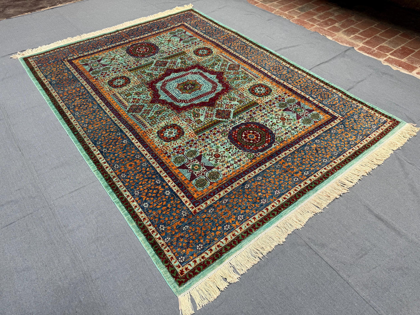 Handmade Mamluk Green,Turquoise,Red Oriental Rug,Luxury Mamluk Oriental Rug-Rug with Intricate Geometric Motifs,Large Handmade Mamluk Rug