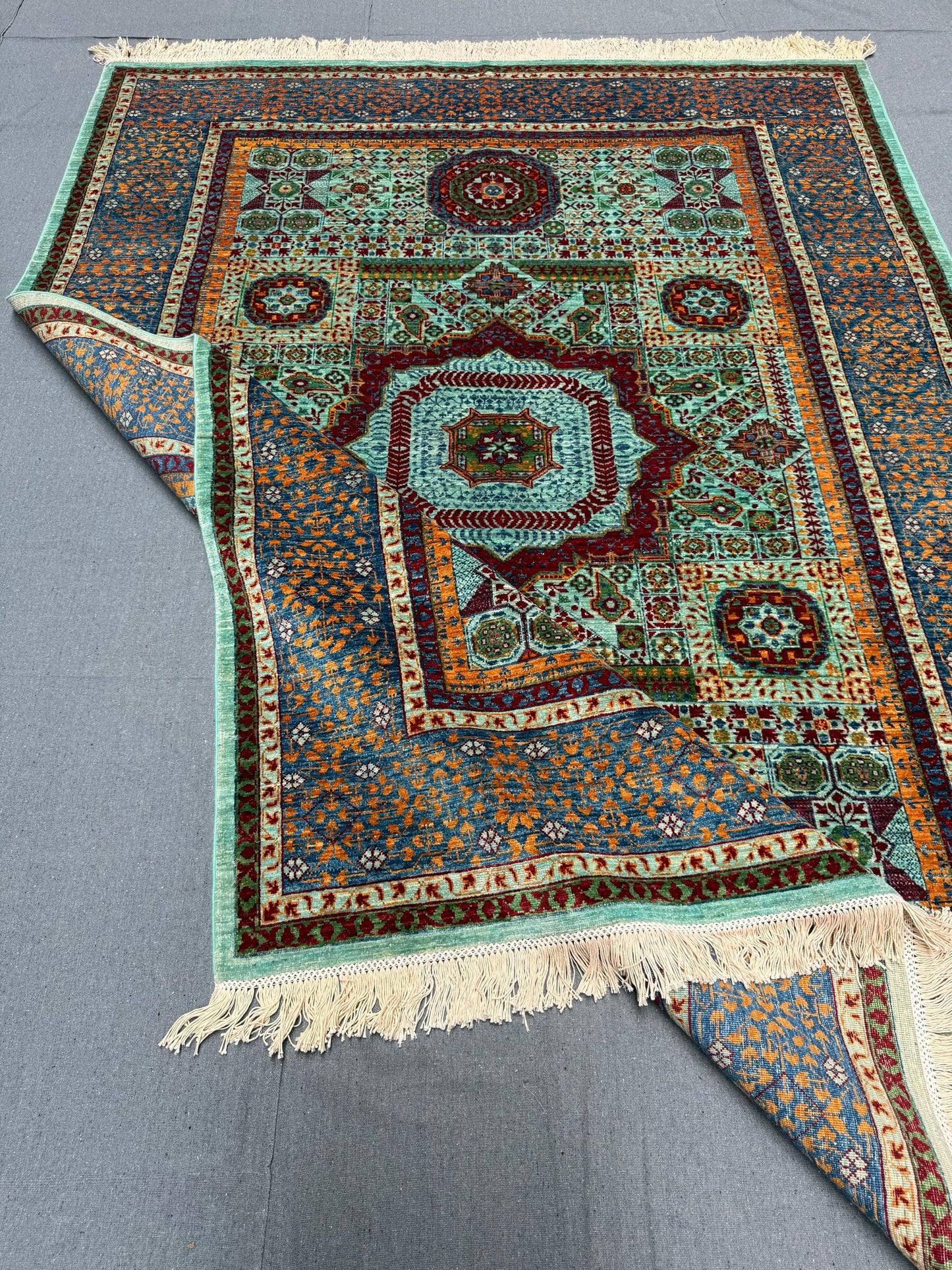 Handmade Mamluk Green,Turquoise,Red Oriental Rug,Luxury Mamluk Oriental Rug-Rug with Intricate Geometric Motifs,Large Handmade Mamluk Rug