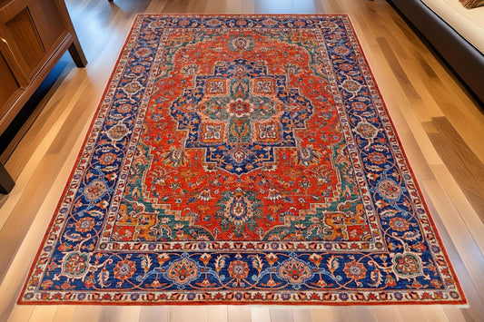 Traditional Handmade 7x9 Oriental Rug–Luxury Area Carpet,Elegant 7x9 Handmade Oriental Rug–Red and Blue Living Room Carpet,living room rug