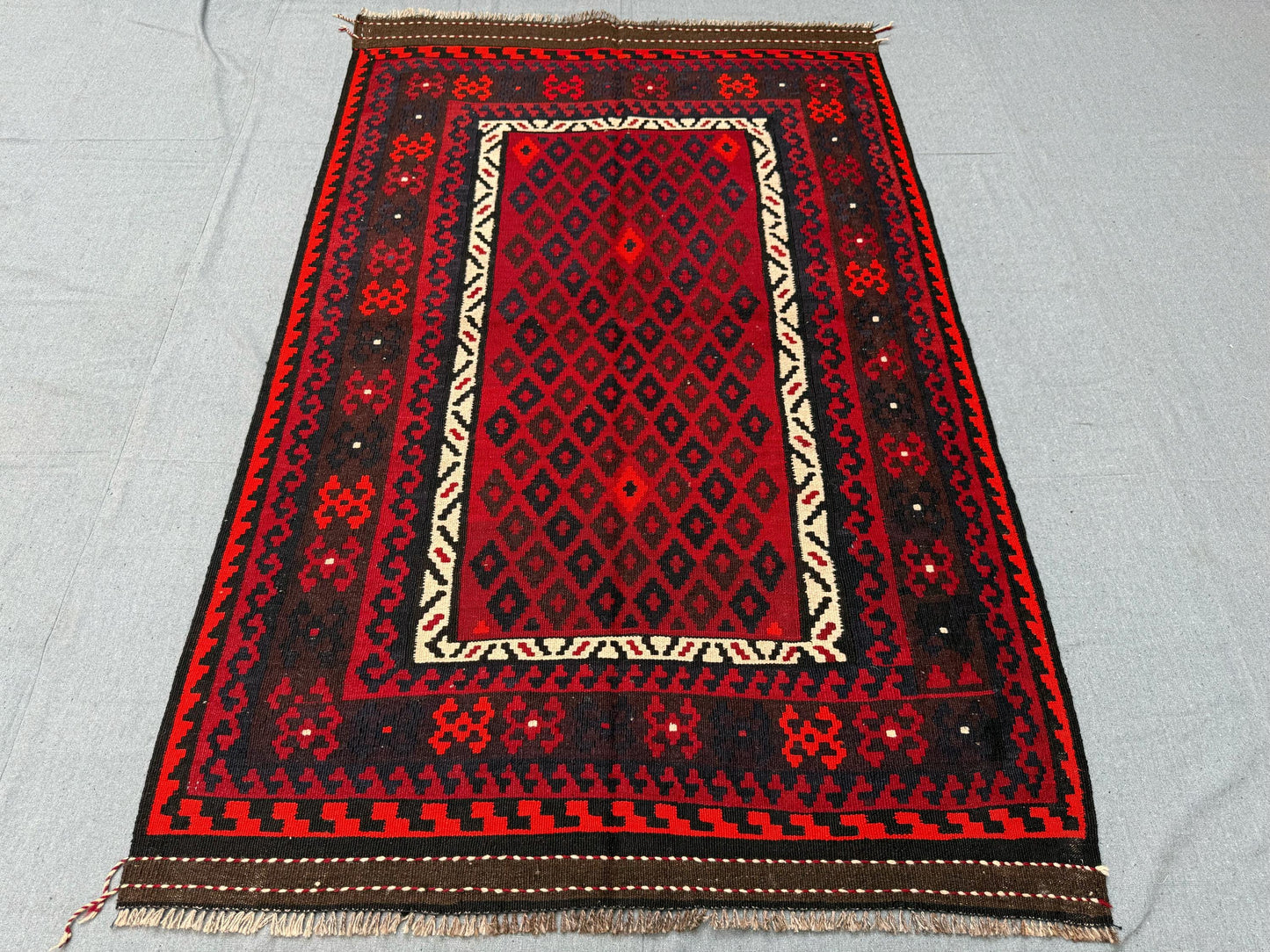 Handmade Vintage Red Small Kilim Wool Rug,Small Geometric Kilim Rug,Handmade Turkish Kilim Rug,Handmade Wool Flatweave,Bold Red Kilim Rug.