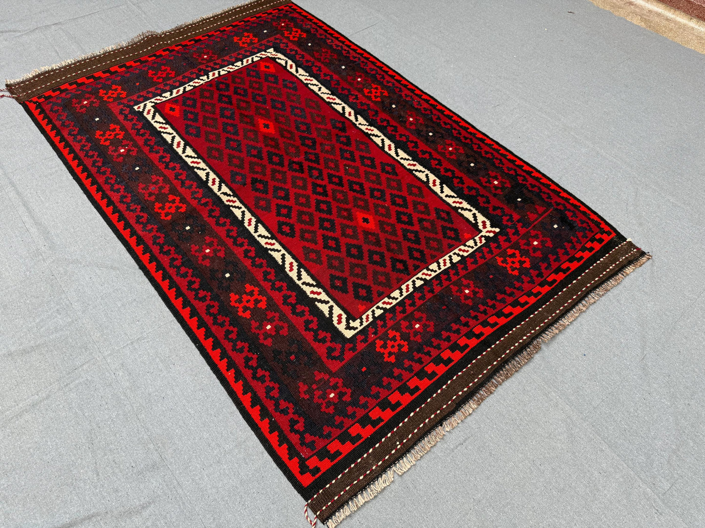 Handmade Vintage Red Small Kilim Wool Rug,Small Geometric Kilim Rug,Handmade Turkish Kilim Rug,Handmade Wool Flatweave,Bold Red Kilim Rug.