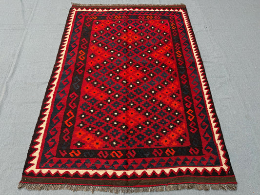 Handmade Vintage Turkish Kilim Rug 4x5, Red Black Geometric Wool Carpet, Bohemian Tribal Decor, Ethnic Area Rug,Traditional Turkish Kilim