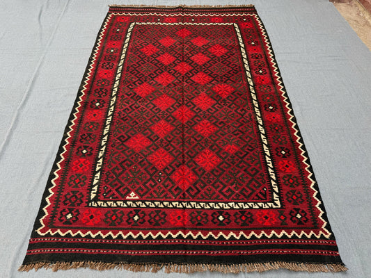 Handmade Vintage Turkish Kilim Rug 4x7  Red Black Geometric Wool Area Carpet Bohemian Tribal Decor,Vintage Tribal Wool Flatweave,Vintage rug