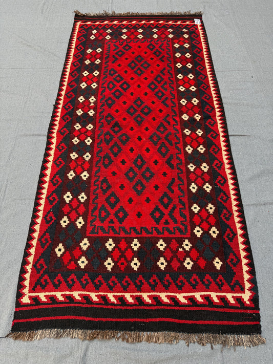 Handmade Vintage Turkish Kilim Rug,3x6.5 Red and Black Wool Carpet,Geometric Tribal Wool Kilim,Oriental Bohemian Decor,Red Afghan kilim rug