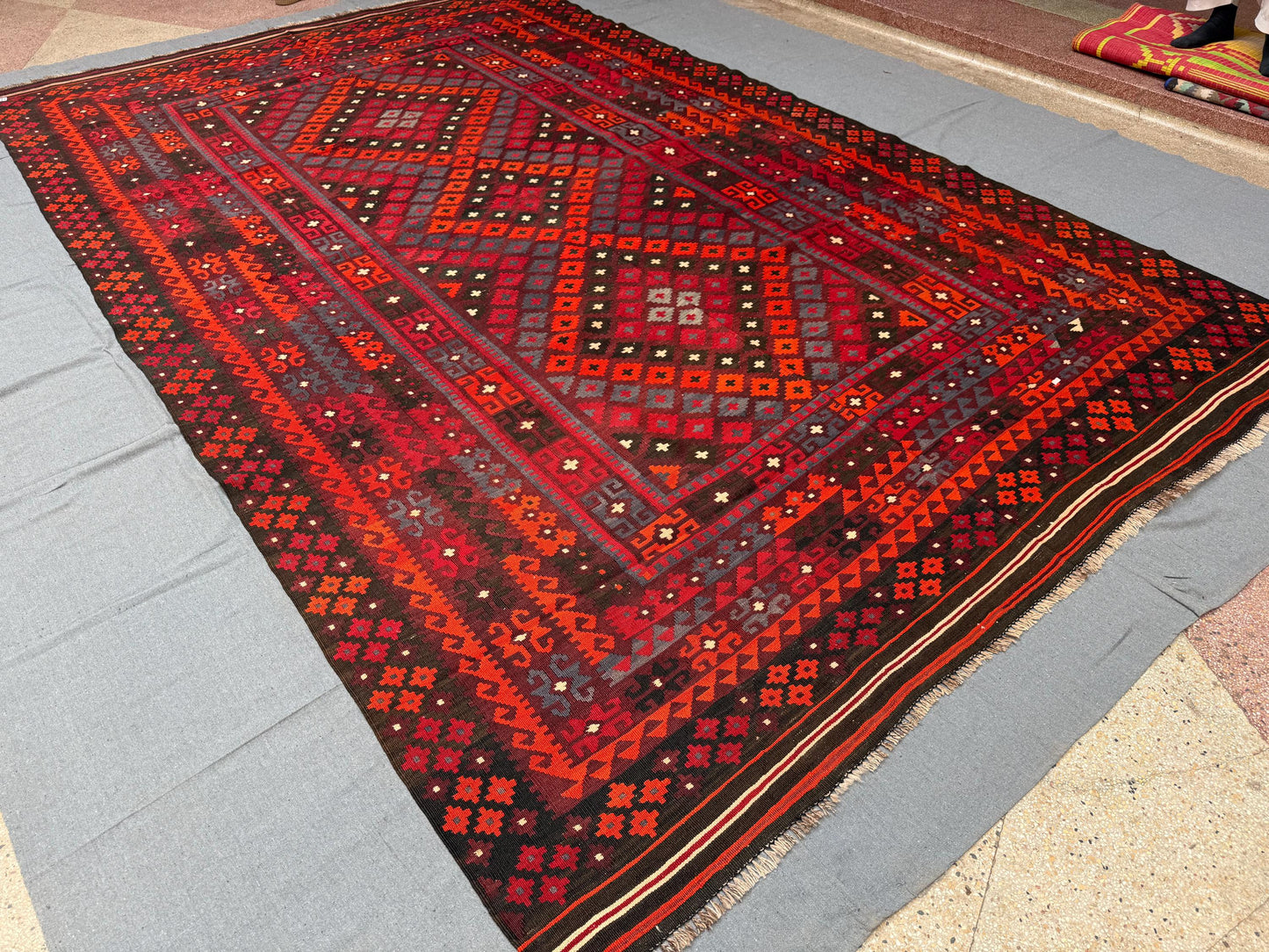 Handmade Vintage Kilim Rug 8x12 Large Turkish Oriental Carpet Bohemian Tribal Wool Flatweave,Vintage Red and Black Kilim Rug,Afghan kilim