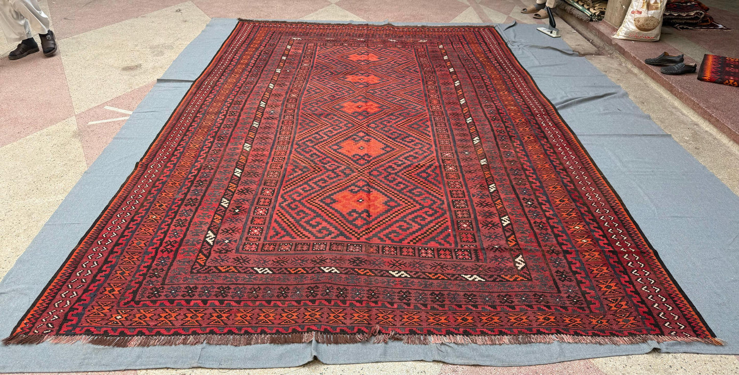 Handmade Large Vintage Kilim Rug 8x13 Turkish Oriental Wool Carpet Red and Black Geometric Bohemian Tribal Area Rug, Handwoven Kilim Carpet