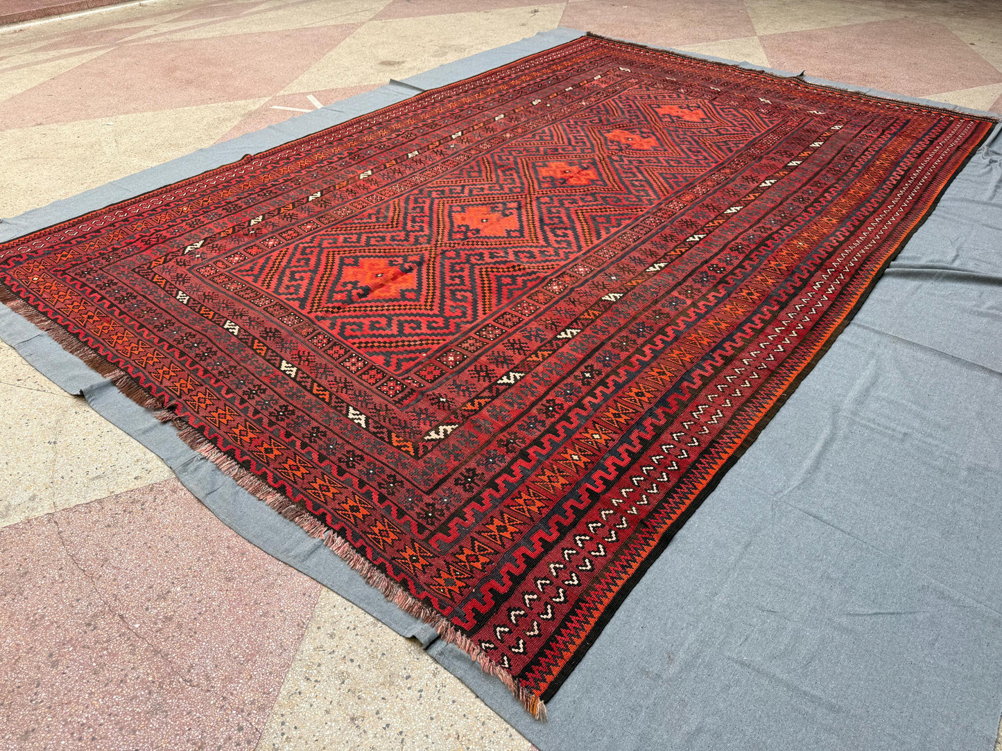 Handmade Large Vintage Kilim Rug 8x13 Turkish Oriental Wool Carpet Red and Black Geometric Bohemian Tribal Area Rug, Handwoven Kilim Carpet