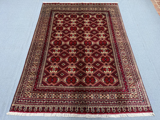 Handmade Oriental Vintage Afghan Rug 5x7 Traditional Turkish Wool Carpet Red and Beige Geometric Area Rug, Afghan Turkish Carpet