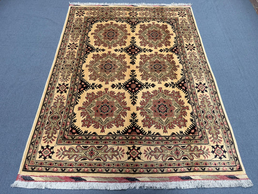 Handmade Afghan Oriental Rug 5x7 Wool Area Rug Traditional Vintage Beige and Red Geometric Carpet for Living Room and Bedroom Decor