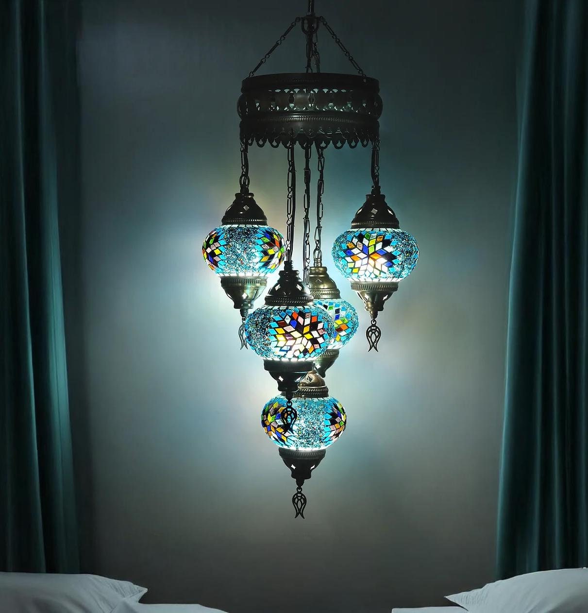 Turkish Mosaic Chandelier,Moroccan Style Blue turquoise Mosaic Lamp,Handmade Turkish Mosaic Pendant Lamp,Colorful Mosaic Ceiling Light.