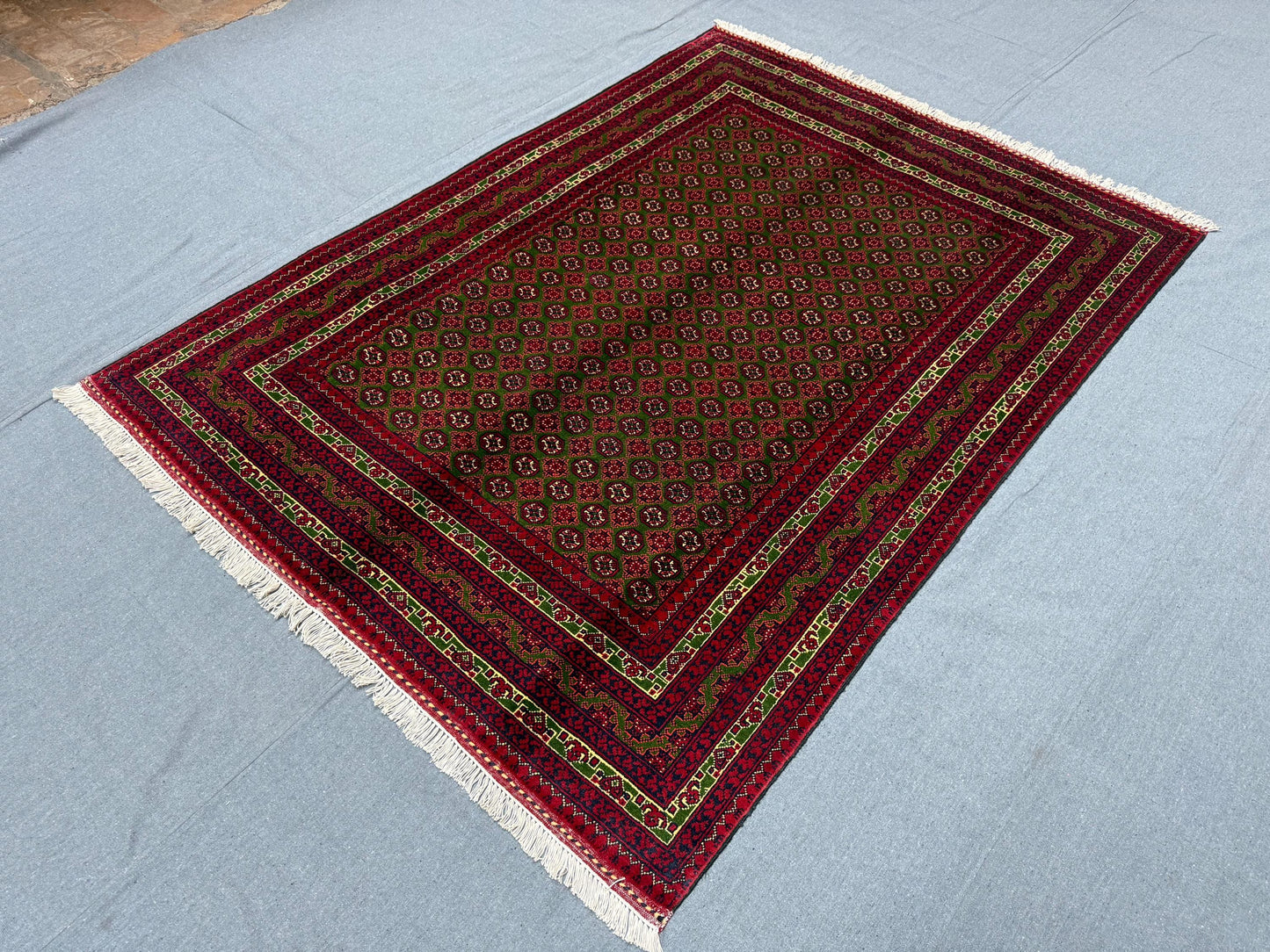 Traditional Persian-Inspired Rug – Handwoven Wool Area Carpet for Home Decor,Afghan Turkmen Area rug,Red and Green Geometric Wool Carpet.