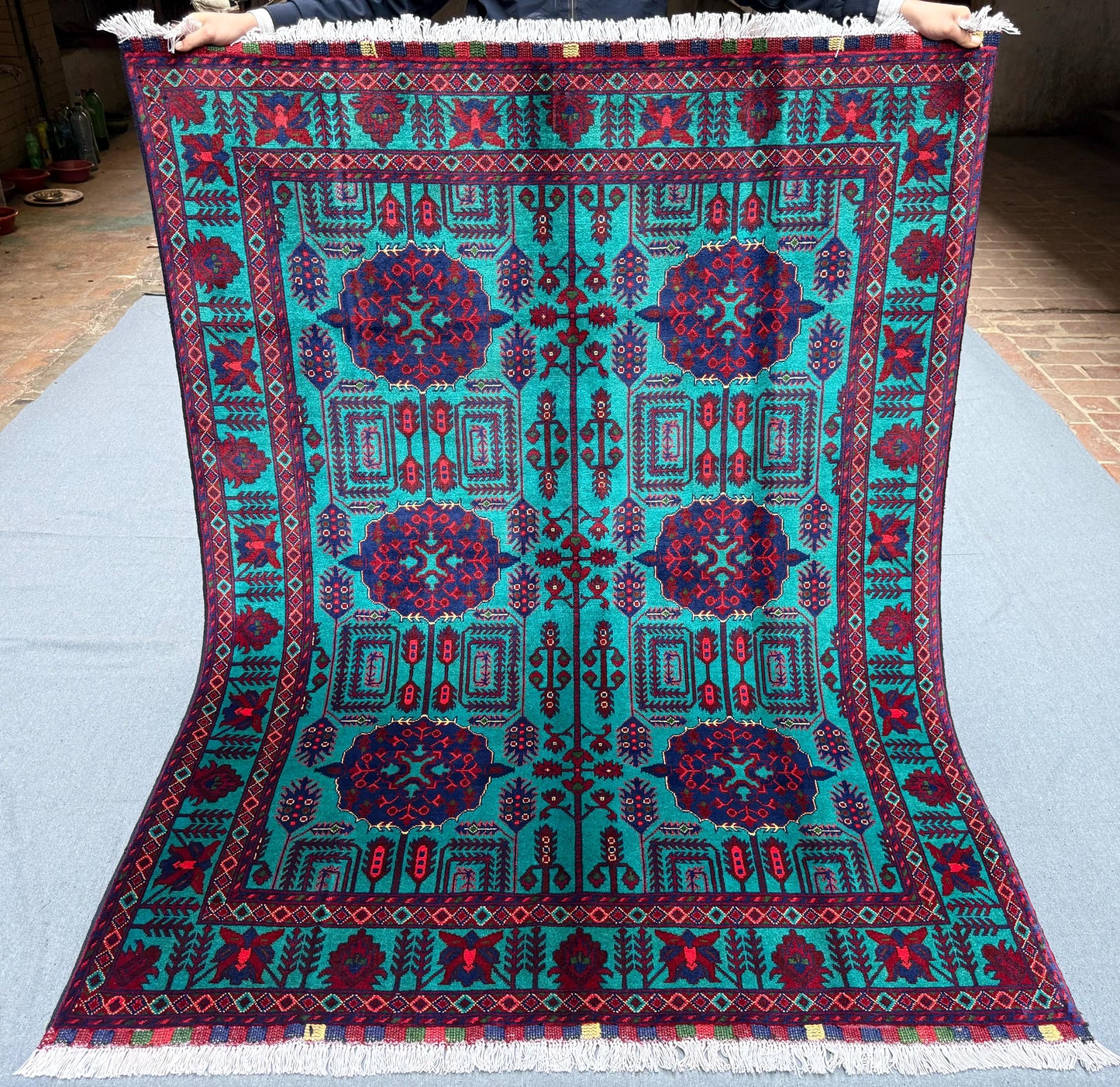 Handmade Turquoise and Red Rug,Luxurious Handmade Oriental Rug,Traditional Persian-Style Wool Rug,Afghan Living room rug,Turkish Area rug