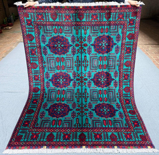 Handmade Turquoise and Red Rug,Luxurious Handmade Oriental Rug,Traditional Persian-Style Wool Rug,Afghan Living room rug,Turkish Area rug