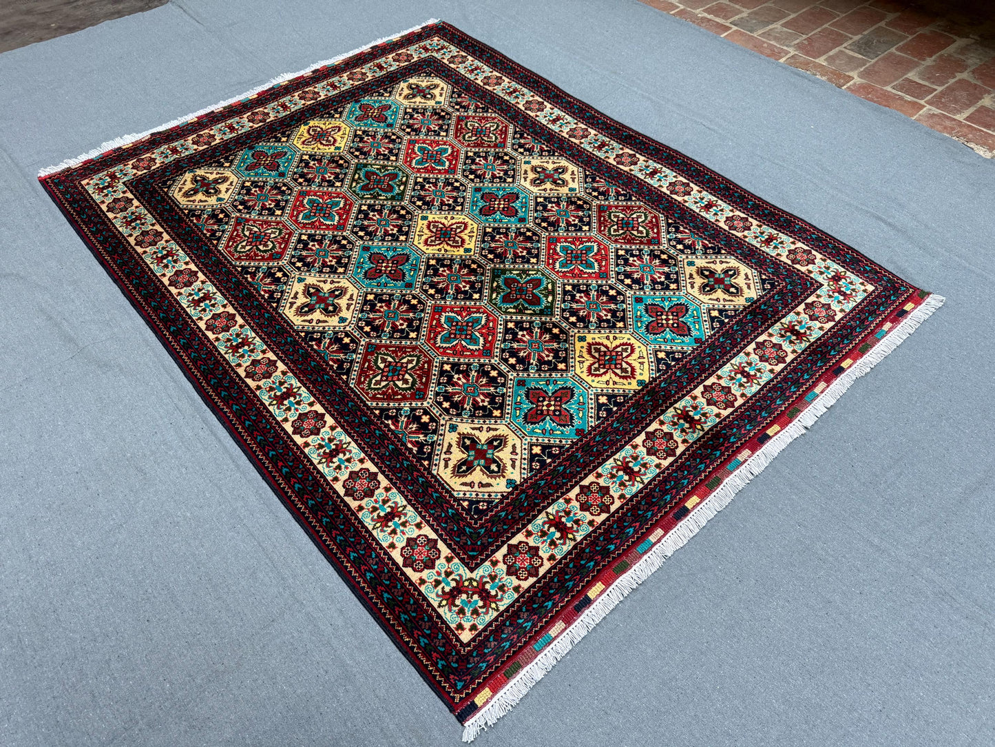 Handmade Persian-Inspired Rug –Colorful Geometric Wool Carpet,Unique Persian Style Rug–Hand-Knotted Multicolor Carpet with Geometric Details