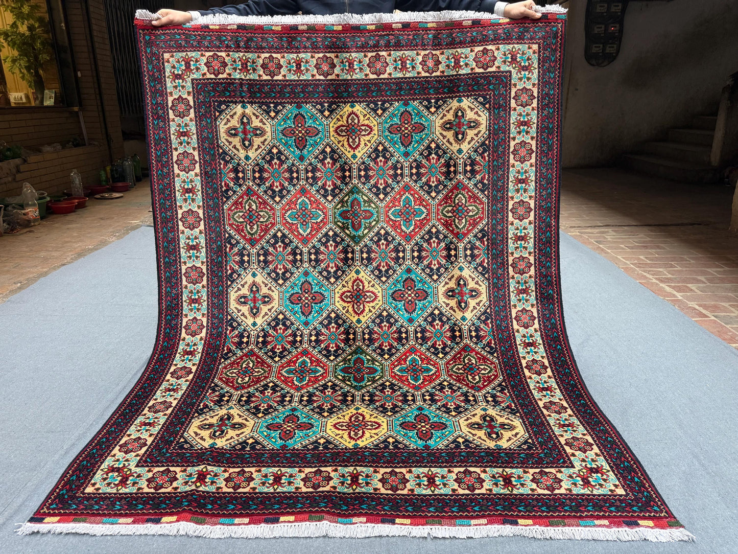 Handmade Persian-Inspired Rug –Colorful Geometric Wool Carpet,Unique Persian Style Rug–Hand-Knotted Multicolor Carpet with Geometric Details